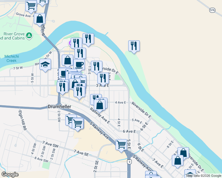 map of restaurants, bars, coffee shops, grocery stores, and more near 375 3 Avenue East in Drumheller