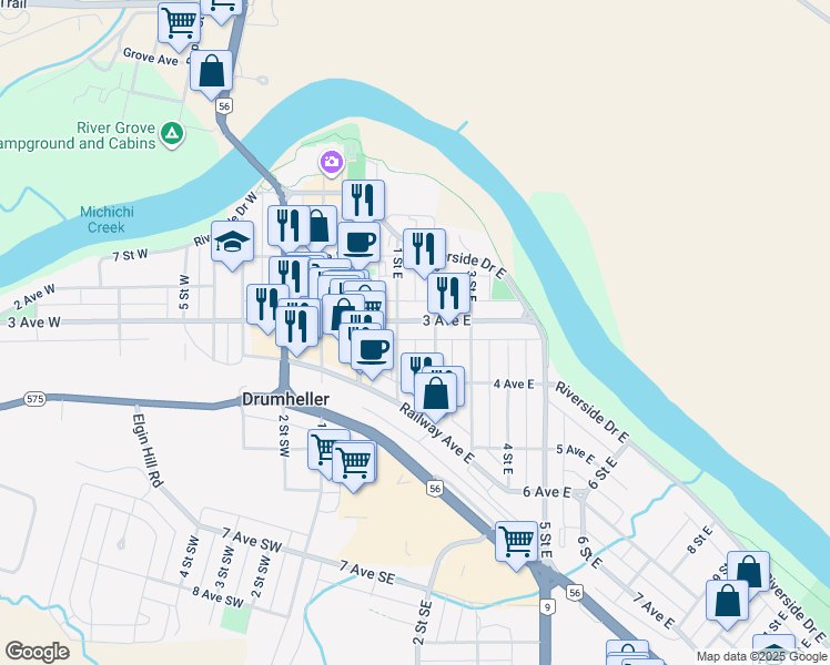 map of restaurants, bars, coffee shops, grocery stores, and more near 135 3 Avenue East in Drumheller