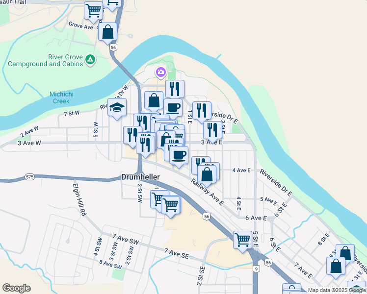 map of restaurants, bars, coffee shops, grocery stores, and more near 95 3 Avenue East in Drumheller