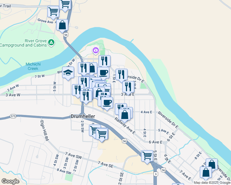 map of restaurants, bars, coffee shops, grocery stores, and more near 135 3 Avenue East in Drumheller