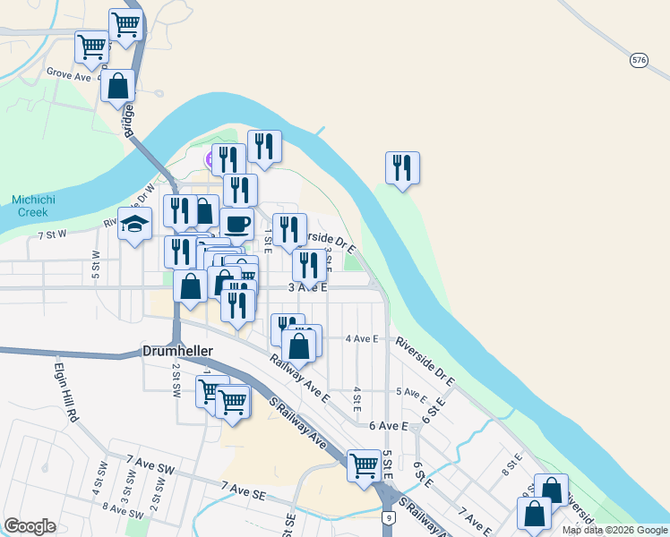map of restaurants, bars, coffee shops, grocery stores, and more near 280 3 Street East in Drumheller