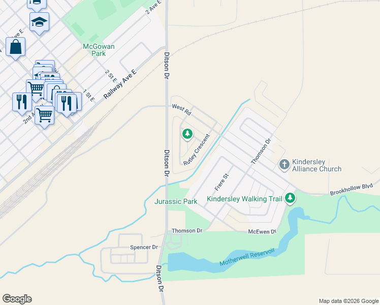 map of restaurants, bars, coffee shops, grocery stores, and more near 20 Rutley Crescent in Kindersley