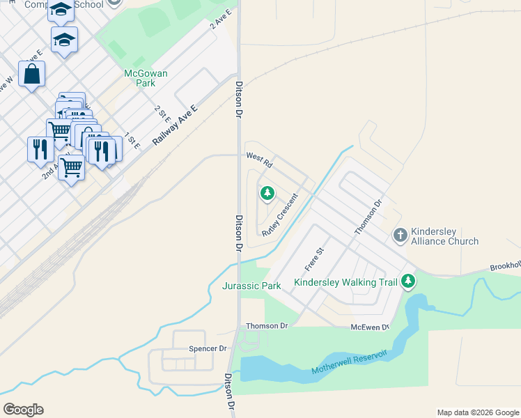 map of restaurants, bars, coffee shops, grocery stores, and more near 20 Rutley Crescent in Kindersley