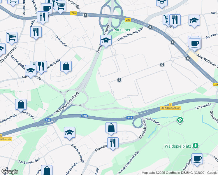 map of restaurants, bars, coffee shops, grocery stores, and more near 3-5 Suttner-Nobel-Allee in Bochum
