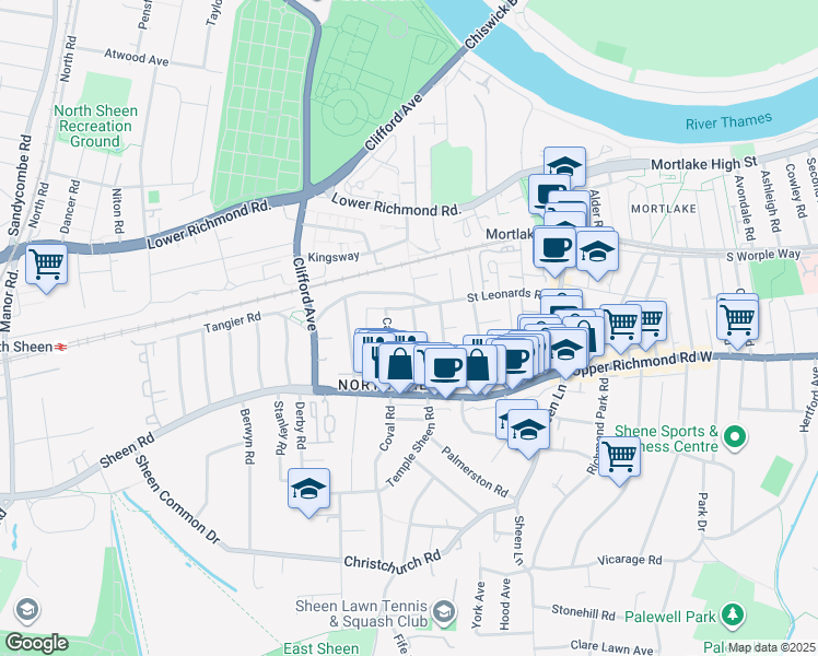 map of restaurants, bars, coffee shops, grocery stores, and more near 27 Connaught Avenue in Greater London