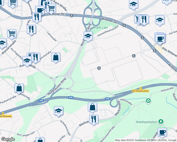 map of restaurants, bars, coffee shops, grocery stores, and more near 7 Suttner-Nobel-Allee in Bochum
