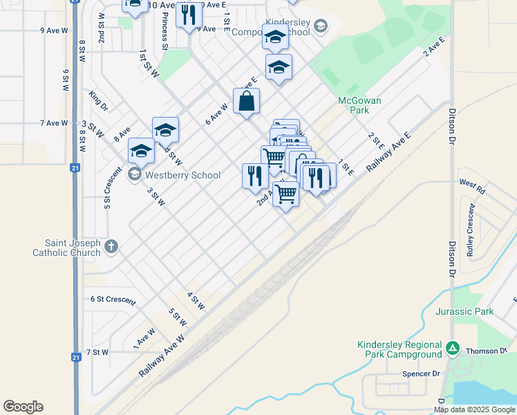map of restaurants, bars, coffee shops, grocery stores, and more near 116 2nd Avenue West in Kindersley