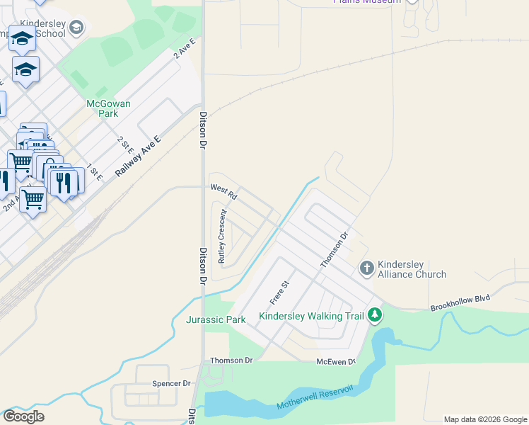 map of restaurants, bars, coffee shops, grocery stores, and more near 24 West Road in Kindersley