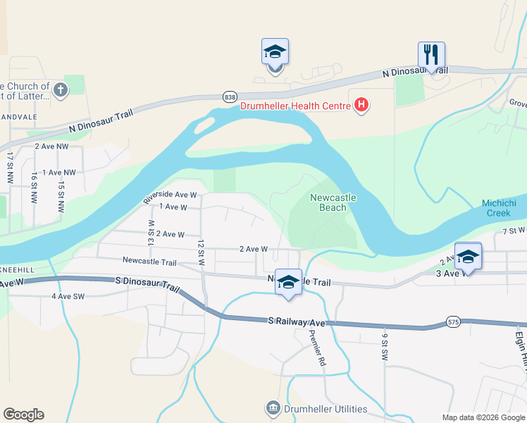 map of restaurants, bars, coffee shops, grocery stores, and more near 1164 200 Newcastle Place in Drumheller