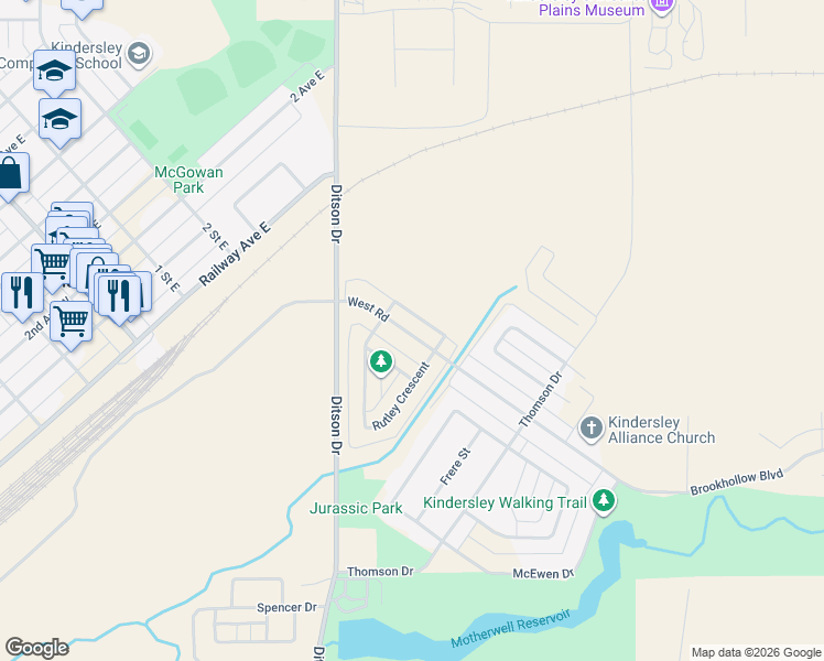map of restaurants, bars, coffee shops, grocery stores, and more near 24 West Road in Kindersley