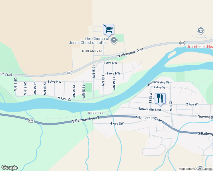 map of restaurants, bars, coffee shops, grocery stores, and more near 108 16 Street Northwest in Drumheller