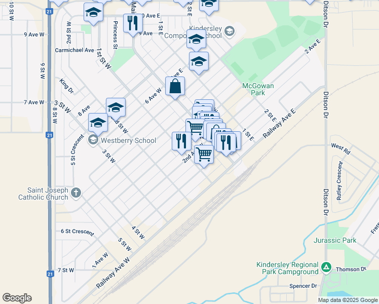 map of restaurants, bars, coffee shops, grocery stores, and more near 116 2nd Avenue West in Kindersley