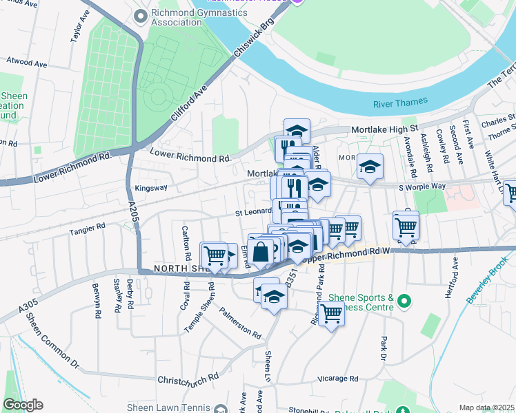 map of restaurants, bars, coffee shops, grocery stores, and more near 52 Saint Leonards Road in Greater London