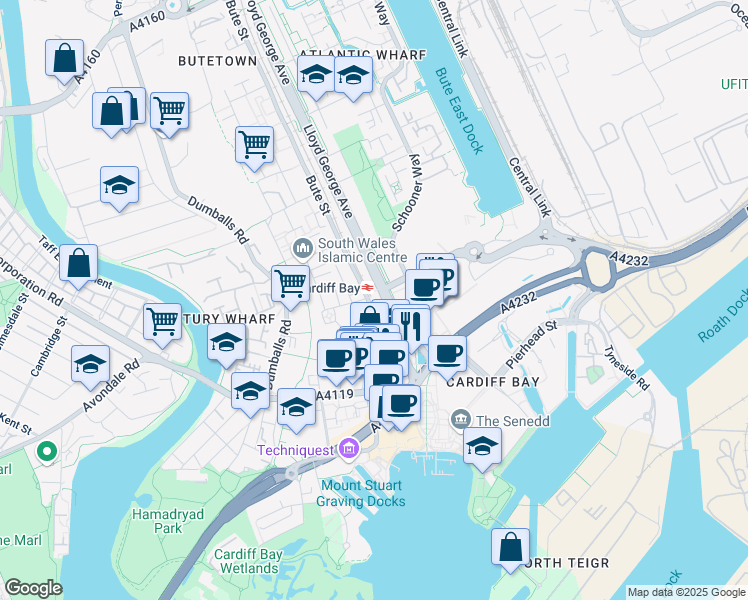 map of restaurants, bars, coffee shops, grocery stores, and more near  in Cardiff