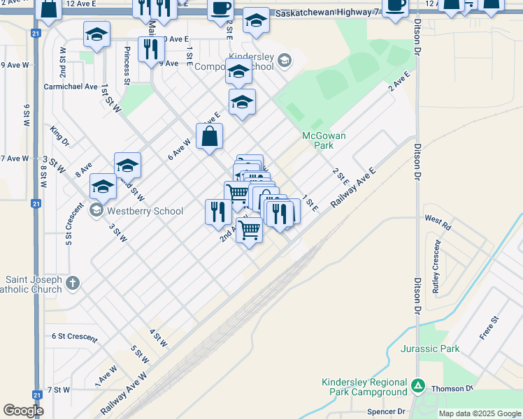 map of restaurants, bars, coffee shops, grocery stores, and more near 214 Main Street in Kindersley