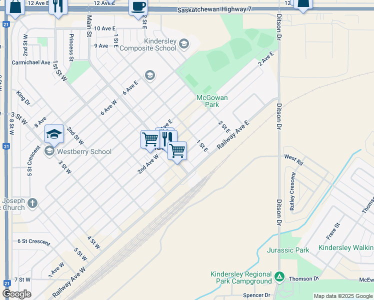 map of restaurants, bars, coffee shops, grocery stores, and more near 200 1 Avenue East in Kindersley