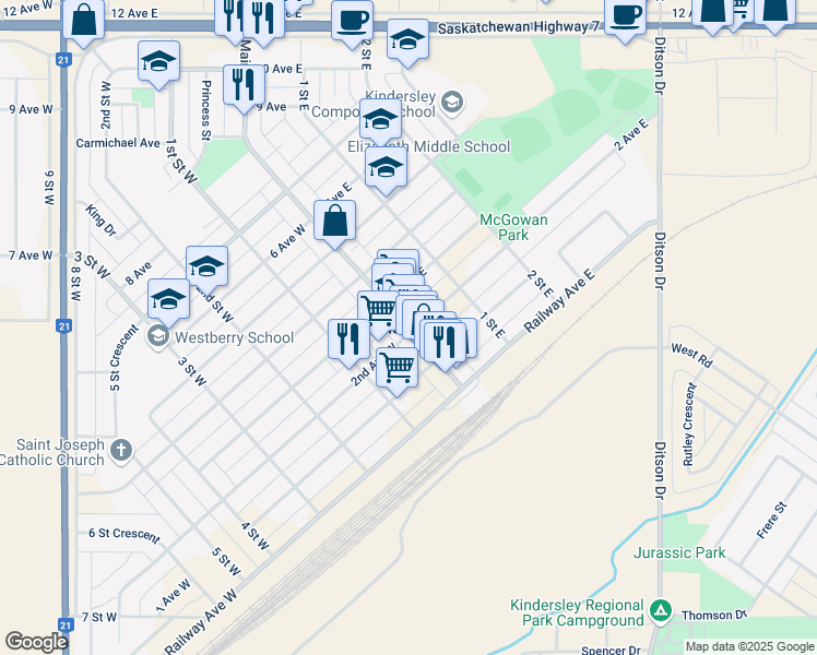 map of restaurants, bars, coffee shops, grocery stores, and more near in Kindersley