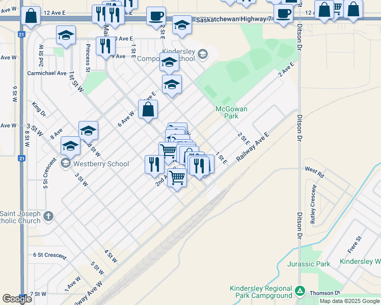map of restaurants, bars, coffee shops, grocery stores, and more near 214 Main Street in Kindersley