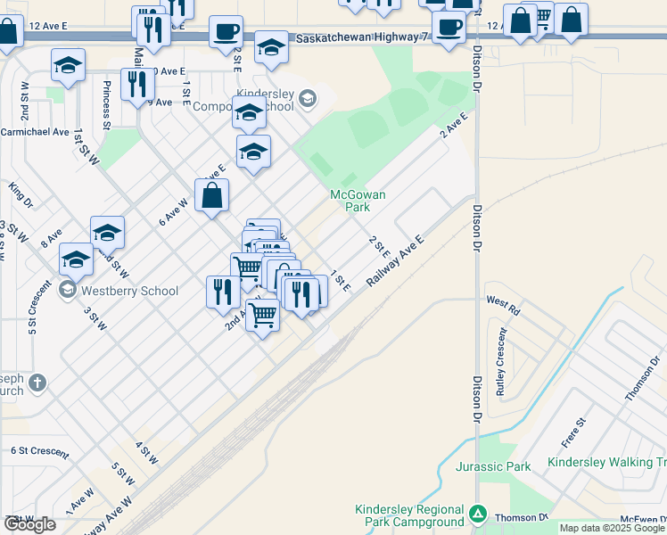 map of restaurants, bars, coffee shops, grocery stores, and more near 200 1 Avenue East in Kindersley