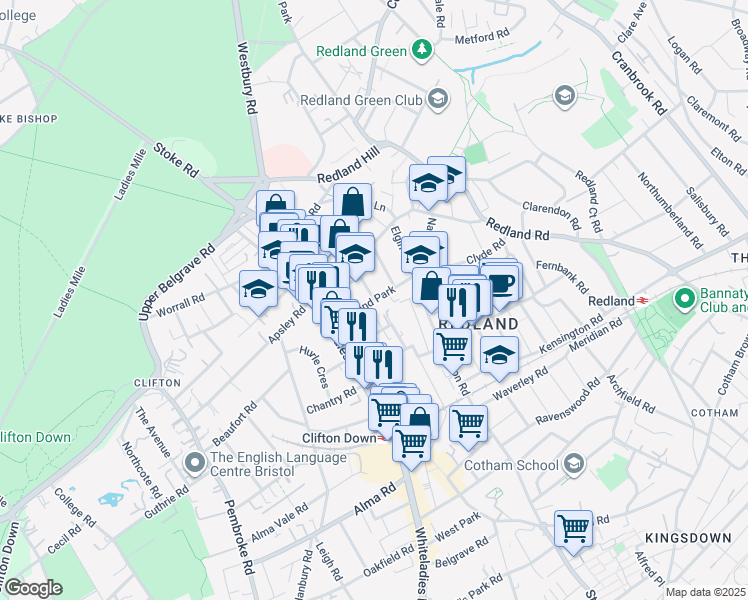 map of restaurants, bars, coffee shops, grocery stores, and more near Redland Park in Bristol City