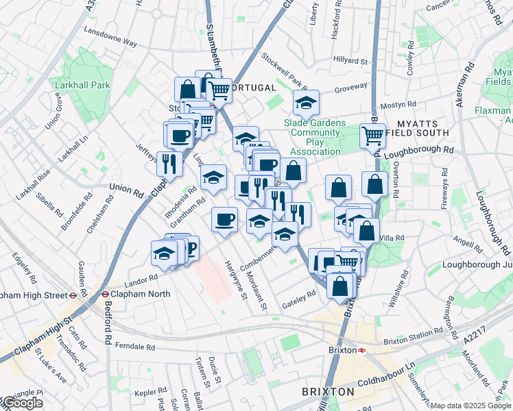 map of restaurants, bars, coffee shops, grocery stores, and more near 7A Stockwell Green in Greater London