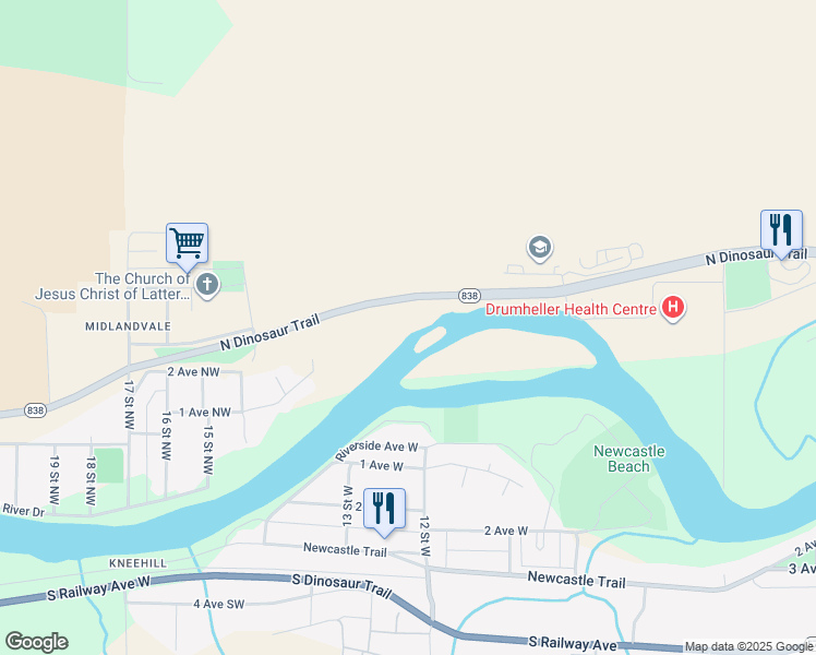 map of restaurants, bars, coffee shops, grocery stores, and more near 1201 North Dinosaur Trail in Drumheller