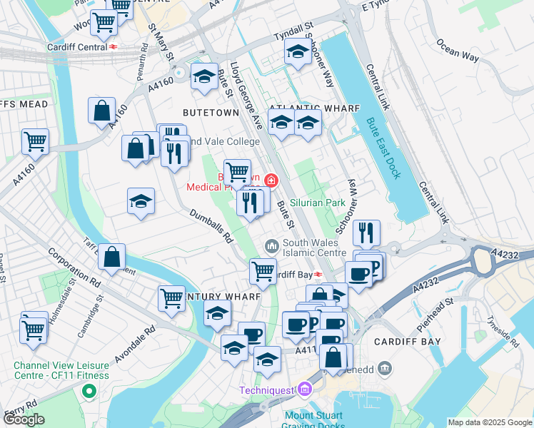map of restaurants, bars, coffee shops, grocery stores, and more near Loudoun Square in Cardiff