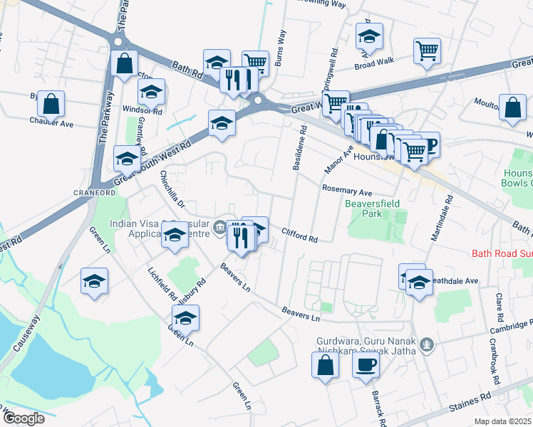 map of restaurants, bars, coffee shops, grocery stores, and more near Wilton Road in Greater London