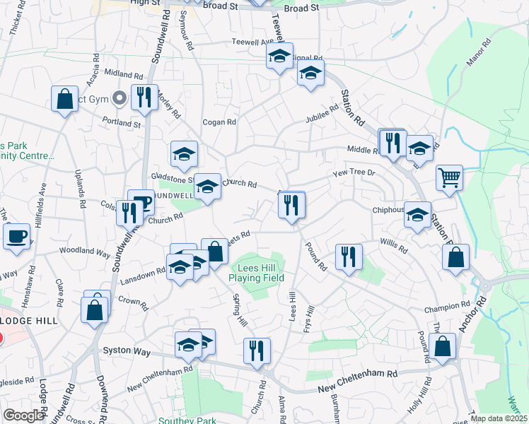 map of restaurants, bars, coffee shops, grocery stores, and more near Deerhurst in South Gloucestershire