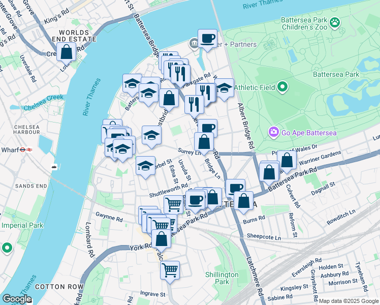 map of restaurants, bars, coffee shops, grocery stores, and more near Surrey Lane in Greater London