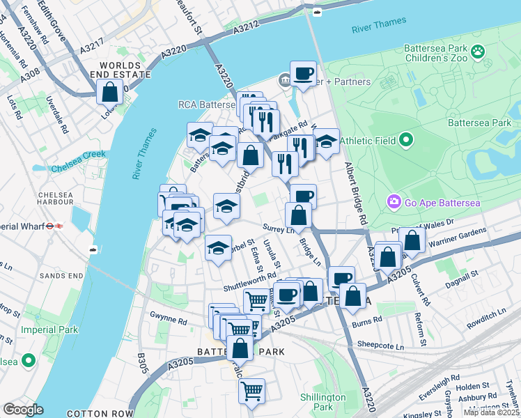 map of restaurants, bars, coffee shops, grocery stores, and more near Surrey Lane in Greater London