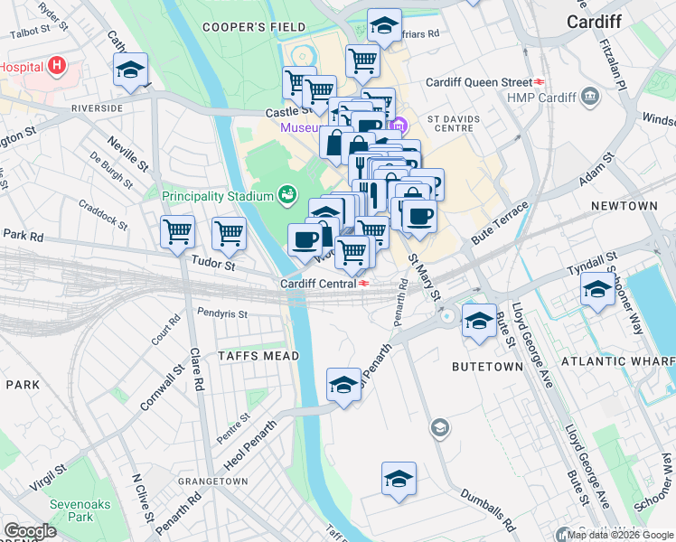 map of restaurants, bars, coffee shops, grocery stores, and more near 50 Central Square in Cardiff