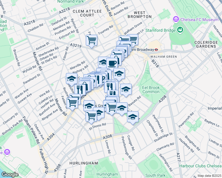 map of restaurants, bars, coffee shops, grocery stores, and more near Parsons Green Lane in Greater London