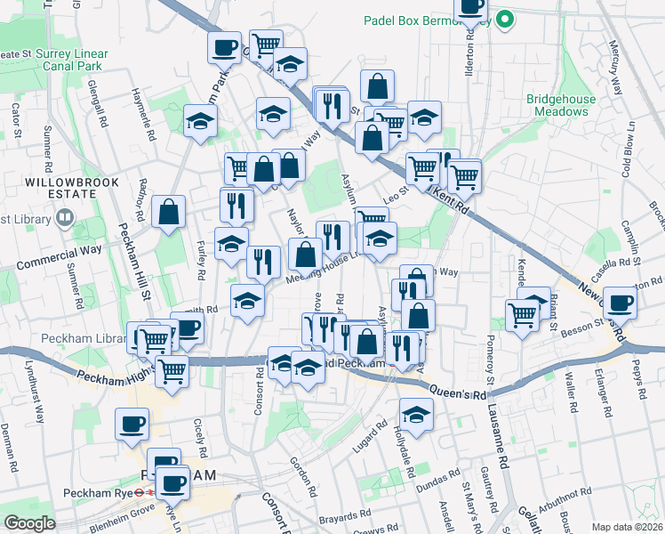 map of restaurants, bars, coffee shops, grocery stores, and more near 27 Meeting House Lane in Greater London