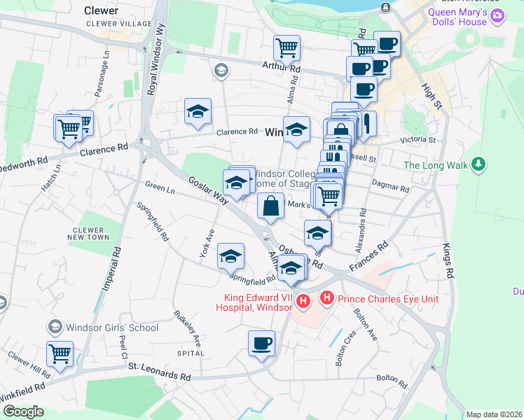 map of restaurants, bars, coffee shops, grocery stores, and more near 71 Alma Road in Berkshire