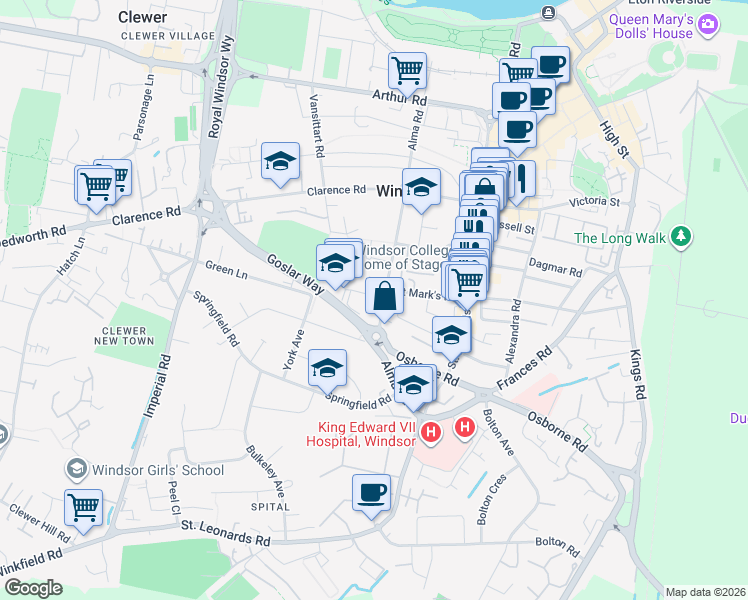 map of restaurants, bars, coffee shops, grocery stores, and more near 71 Alma Road in Berkshire
