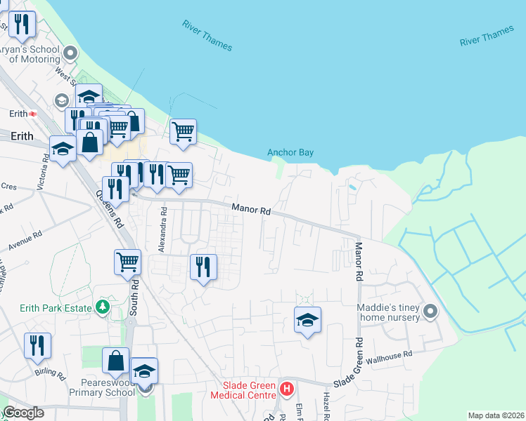 map of restaurants, bars, coffee shops, grocery stores, and more near Manor Road in Greater London