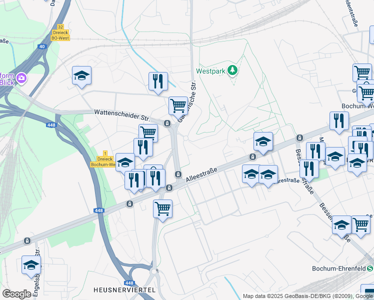 map of restaurants, bars, coffee shops, grocery stores, and more near 50 An der Jahrhunderthalle in Bochum