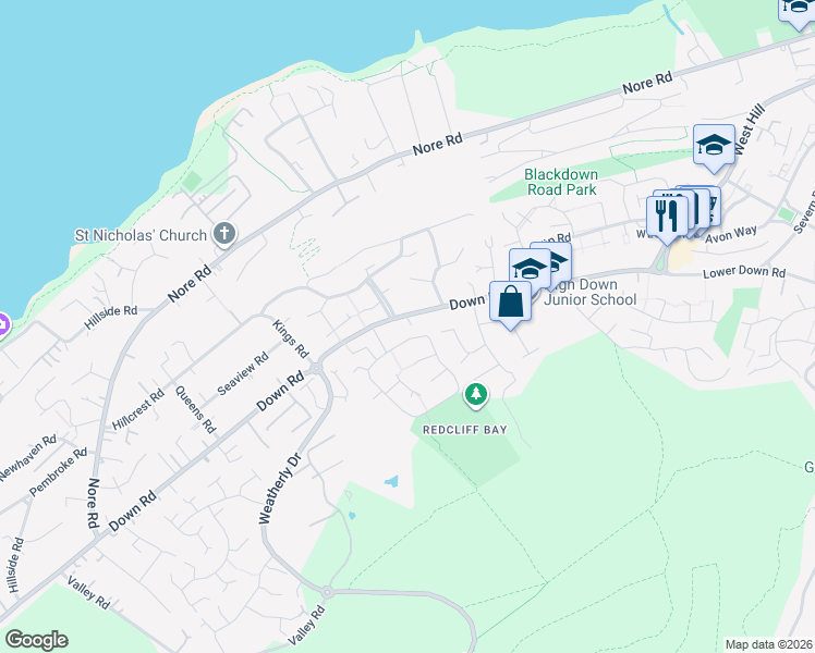 map of restaurants, bars, coffee shops, grocery stores, and more near Down Road in Portishead
