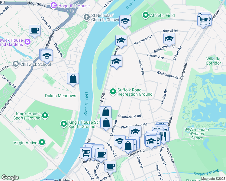 map of restaurants, bars, coffee shops, grocery stores, and more near 58 Suffolk Road in Greater London