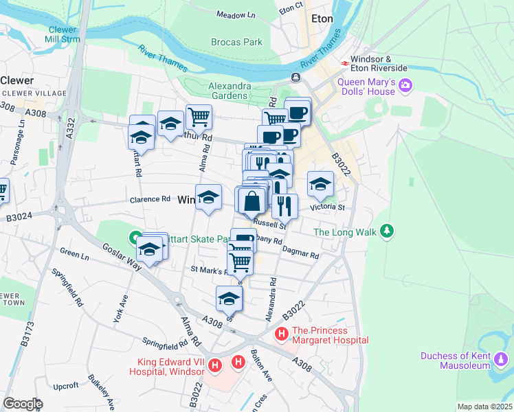 map of restaurants, bars, coffee shops, grocery stores, and more near 71 Peascod Street in Windsor