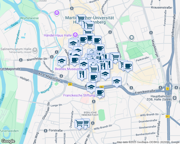 map of restaurants, bars, coffee shops, grocery stores, and more near 6 Alter Markt in Halle Saale