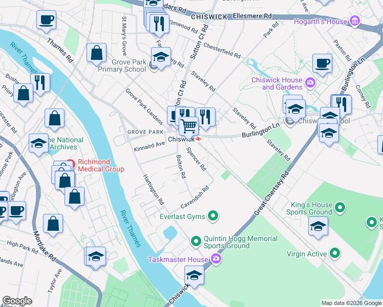 map of restaurants, bars, coffee shops, grocery stores, and more near Spencer Road in Greater London