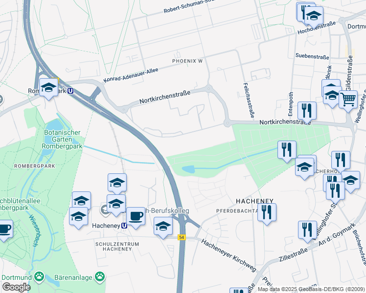 map of restaurants, bars, coffee shops, grocery stores, and more near 100 Nortkirchenstraße in Dortmund