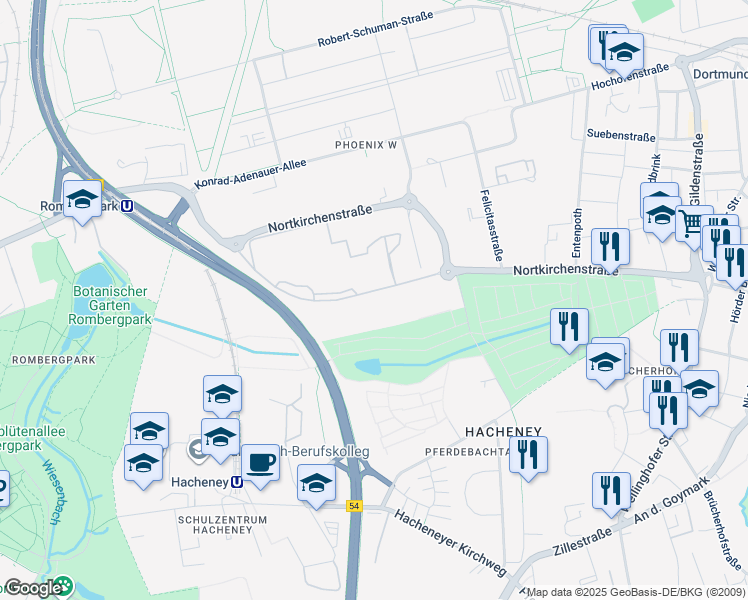 map of restaurants, bars, coffee shops, grocery stores, and more near 1 Wilopark in Dortmund