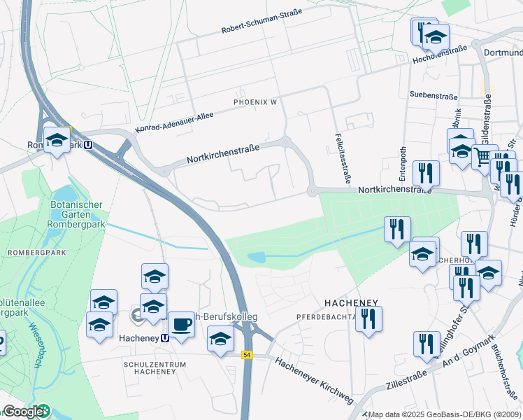 map of restaurants, bars, coffee shops, grocery stores, and more near 1 Wilopark in Dortmund