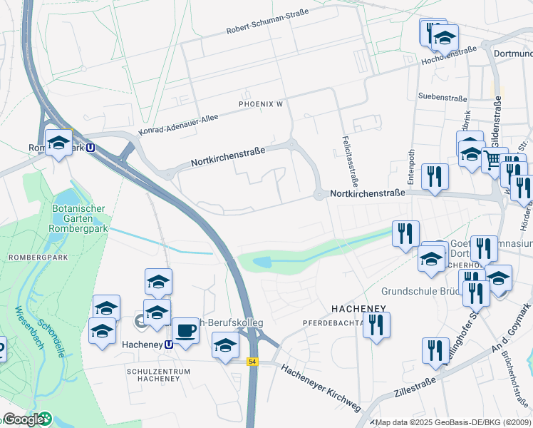 map of restaurants, bars, coffee shops, grocery stores, and more near 100 Nortkirchenstraße in Dortmund