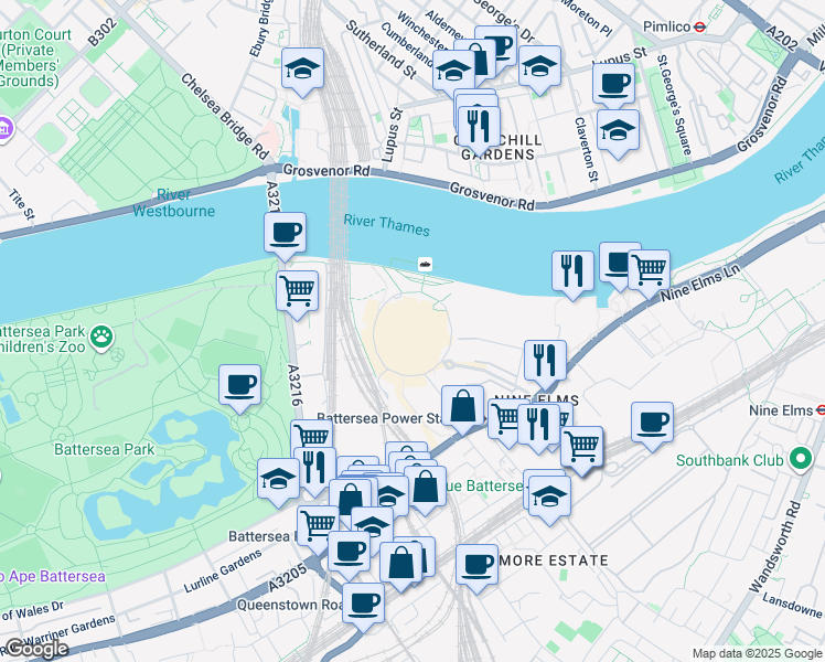 map of restaurants, bars, coffee shops, grocery stores, and more near Circus Road West in Greater London