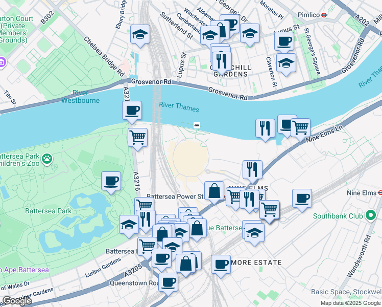 map of restaurants, bars, coffee shops, grocery stores, and more near 251 Circus Road South in Greater London