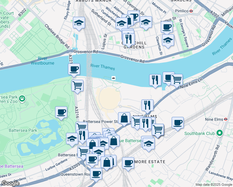 map of restaurants, bars, coffee shops, grocery stores, and more near 251 Circus Road South in Greater London